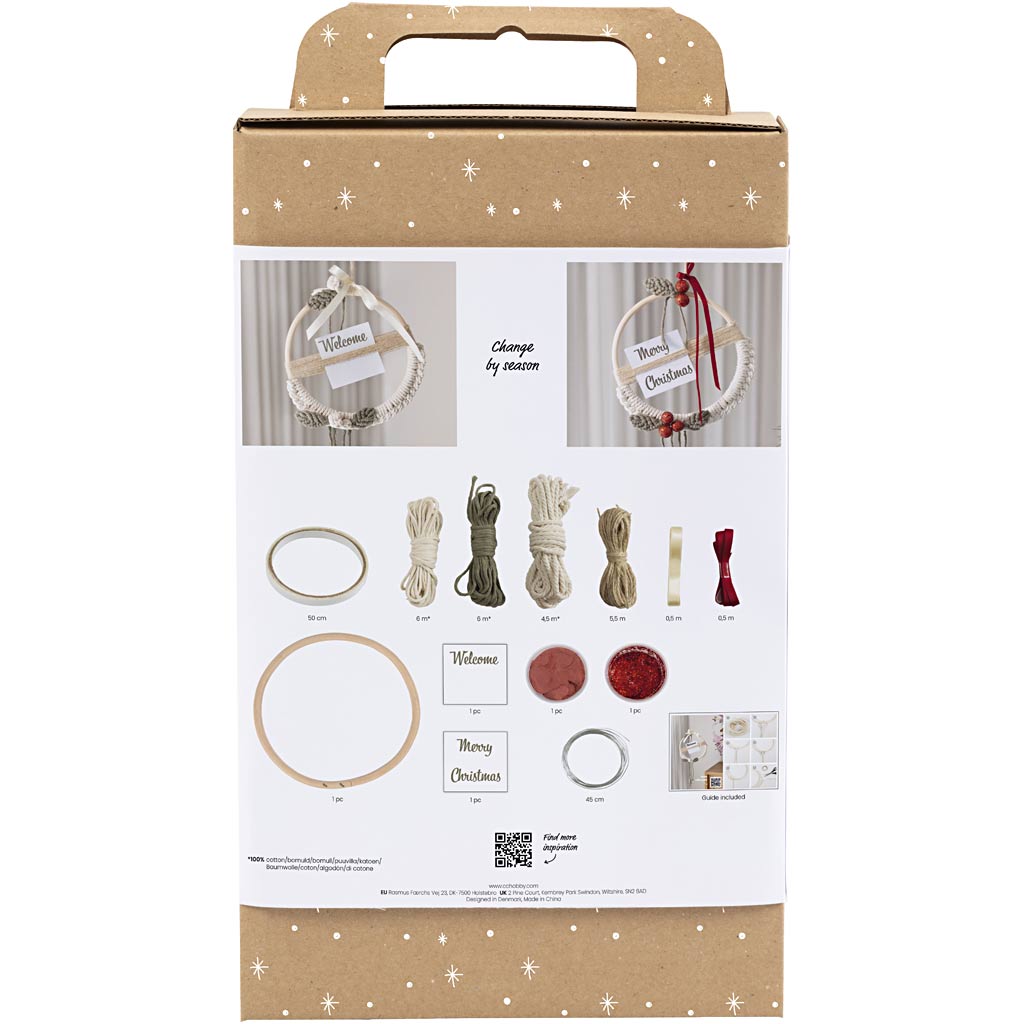 Creativ company hobby set macramé, couronne de Noël, vert mousse, rouge de Noël, blanc cassé, 1 boîte