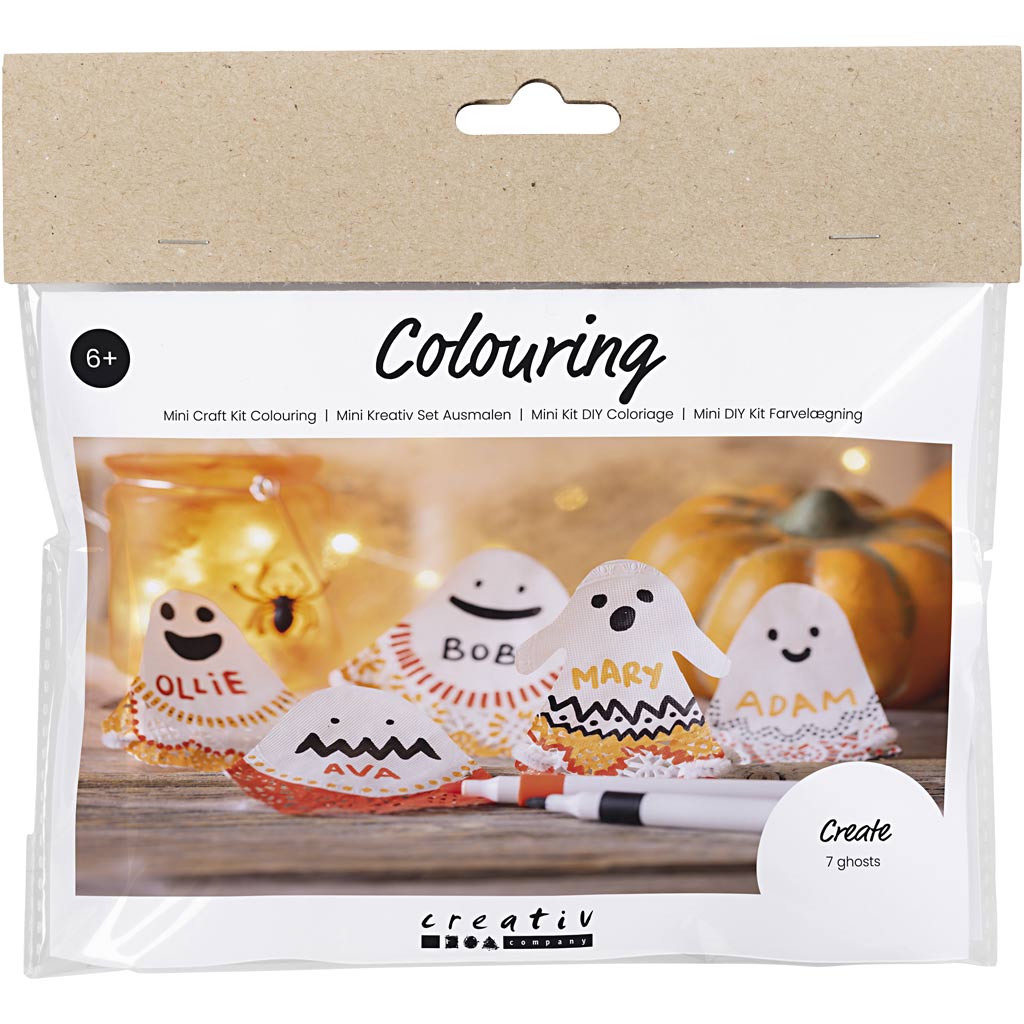 Creativ company mini kit de coloriage, fantômes, noir, orange clair, orange moyen, blanc, 1 boîte