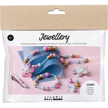 Creativ company mini hobby set bijoux, collier, bracelet, clips, broche, bleu, bleu clair, rose pastel, 1 boîte