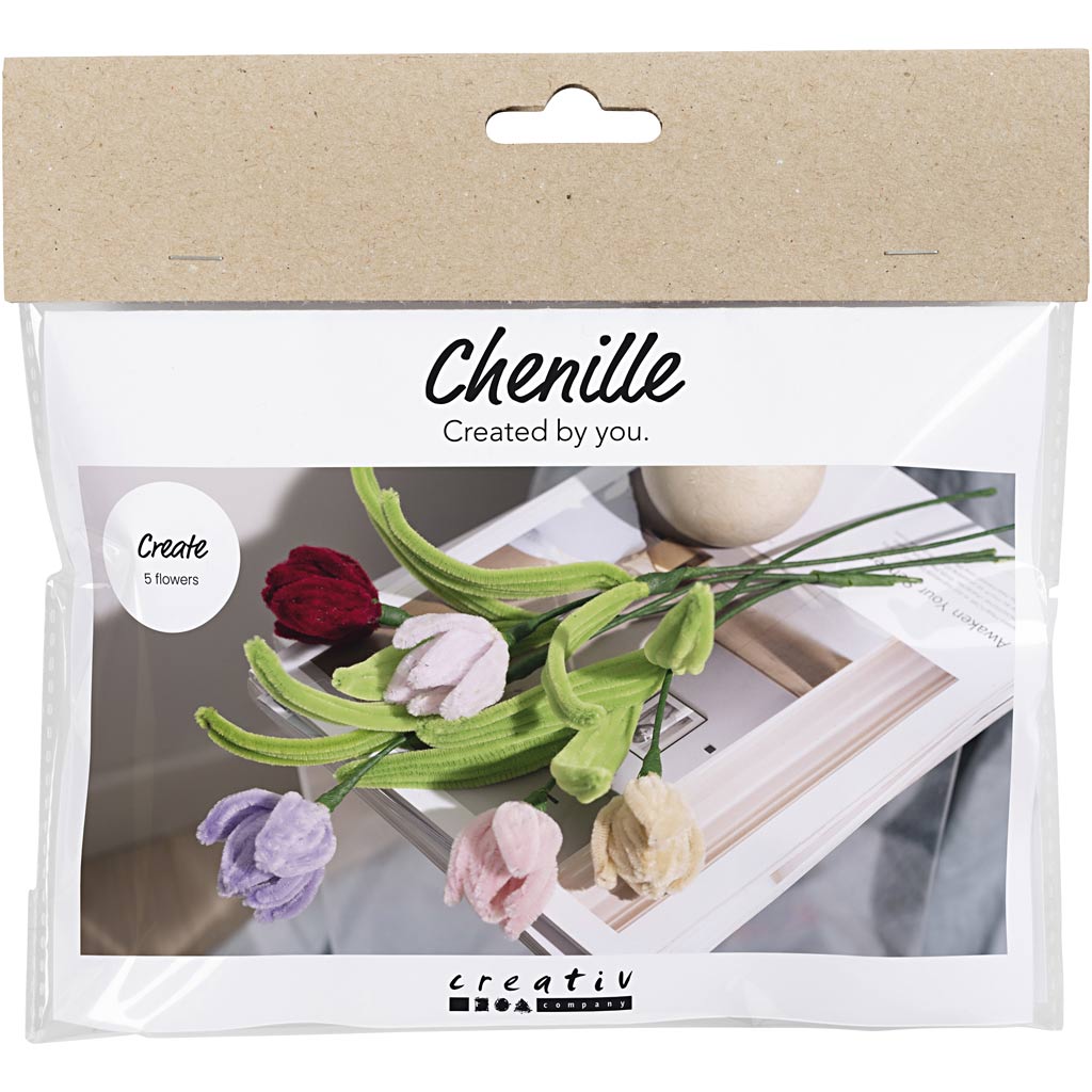 Creativ company mini kit de loisirs fleurs en fil chenille, tulipes, différentes couleurs, 1 boîte