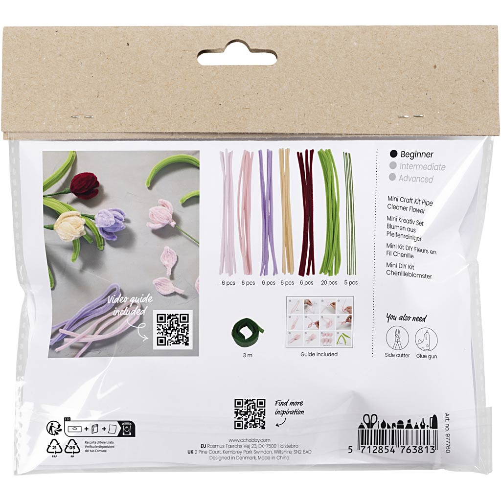 Creativ company mini kit de loisirs fleurs en fil chenille, tulipes, différentes couleurs, 1 boîte