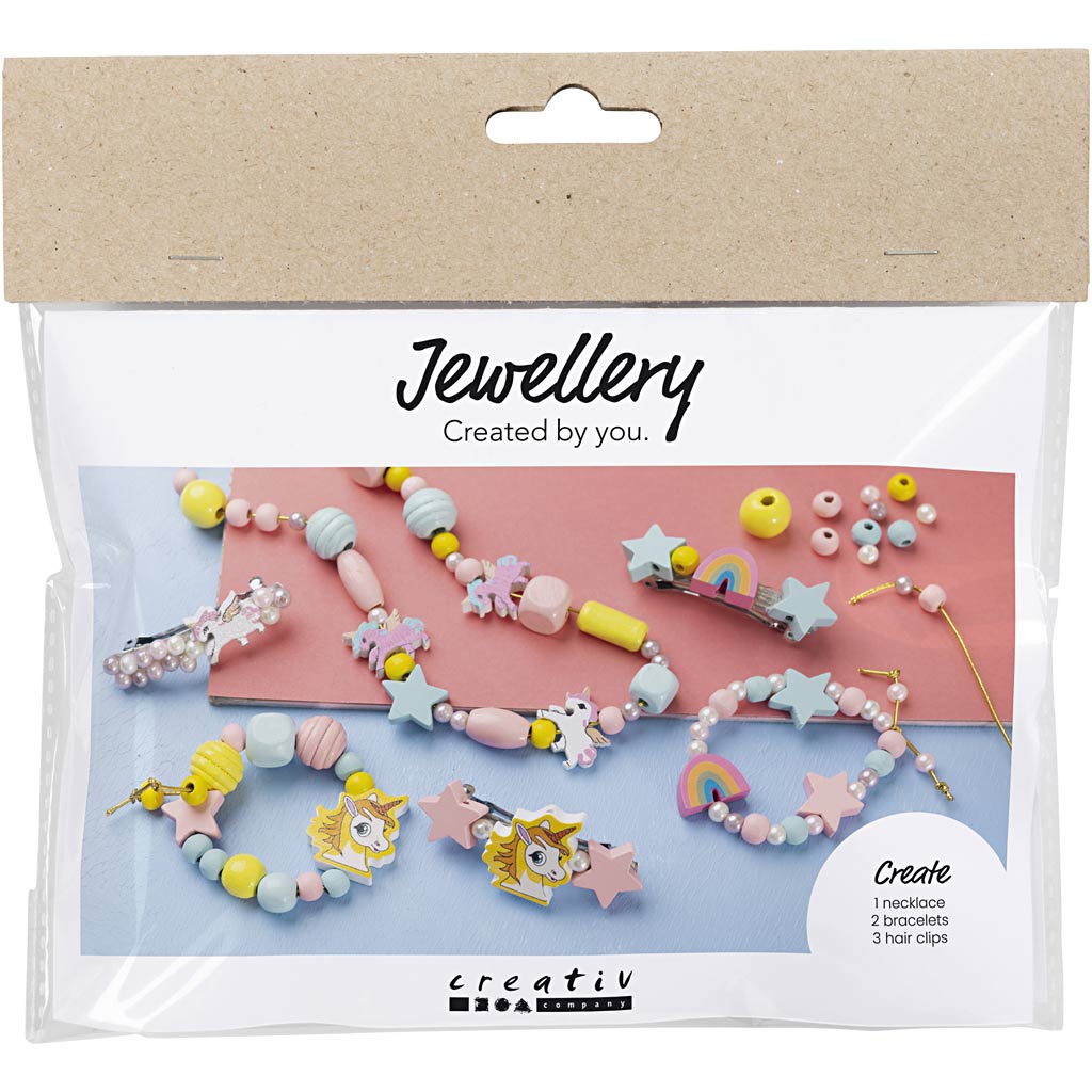 Creativ company mini hobby set bijoux, collier, bracelets, boucles d'oreilles, bleu clair, rouge clair, jaune, 1 boîte