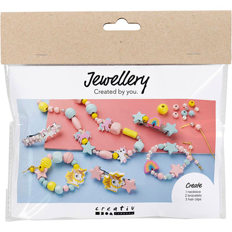Creativ company mini hobby set bijoux, collier, bracelets, boucles d'oreilles, bleu clair, rouge clair, jaune, 1 boîte