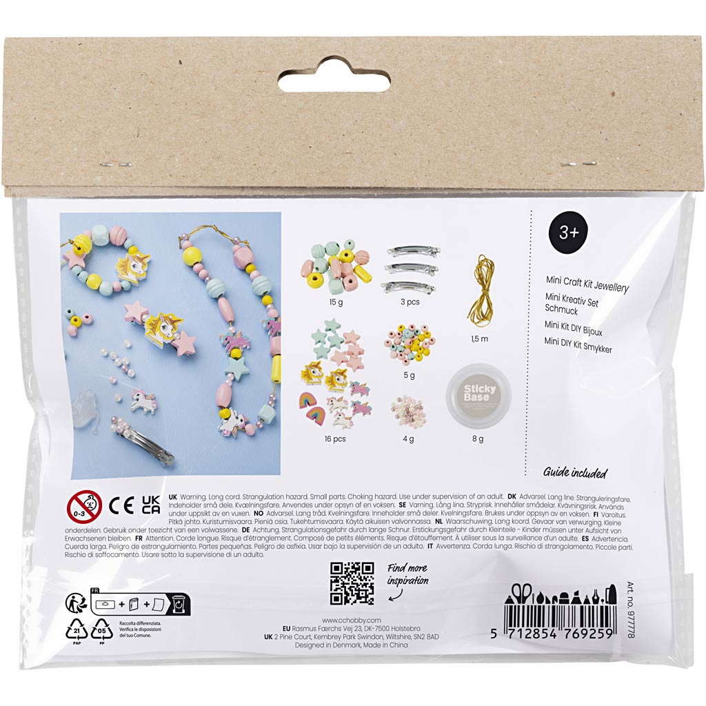 Creativ company mini hobby set bijoux, collier, bracelets, boucles d'oreilles, bleu clair, rouge clair, jaune, 1 boîte