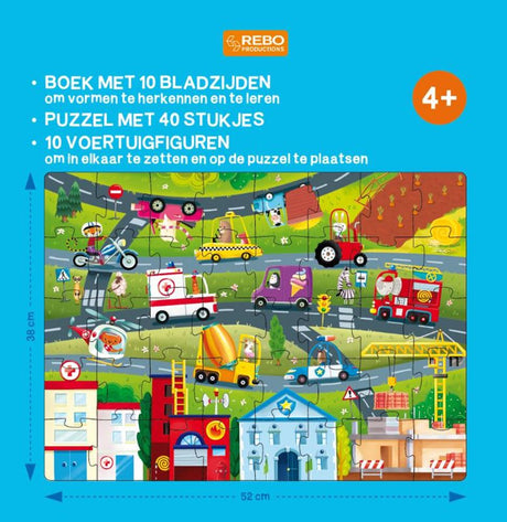 Livre éditeurs Rebo, puzzle + 10 figurines + véhicules