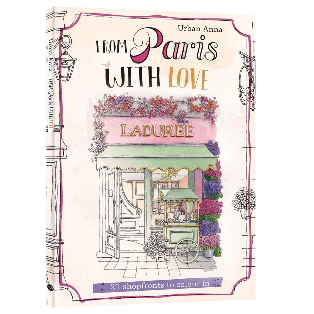 Livre de coloriage de l'éditeur Kluitman de Paris avec des devantures de magasins d'amour