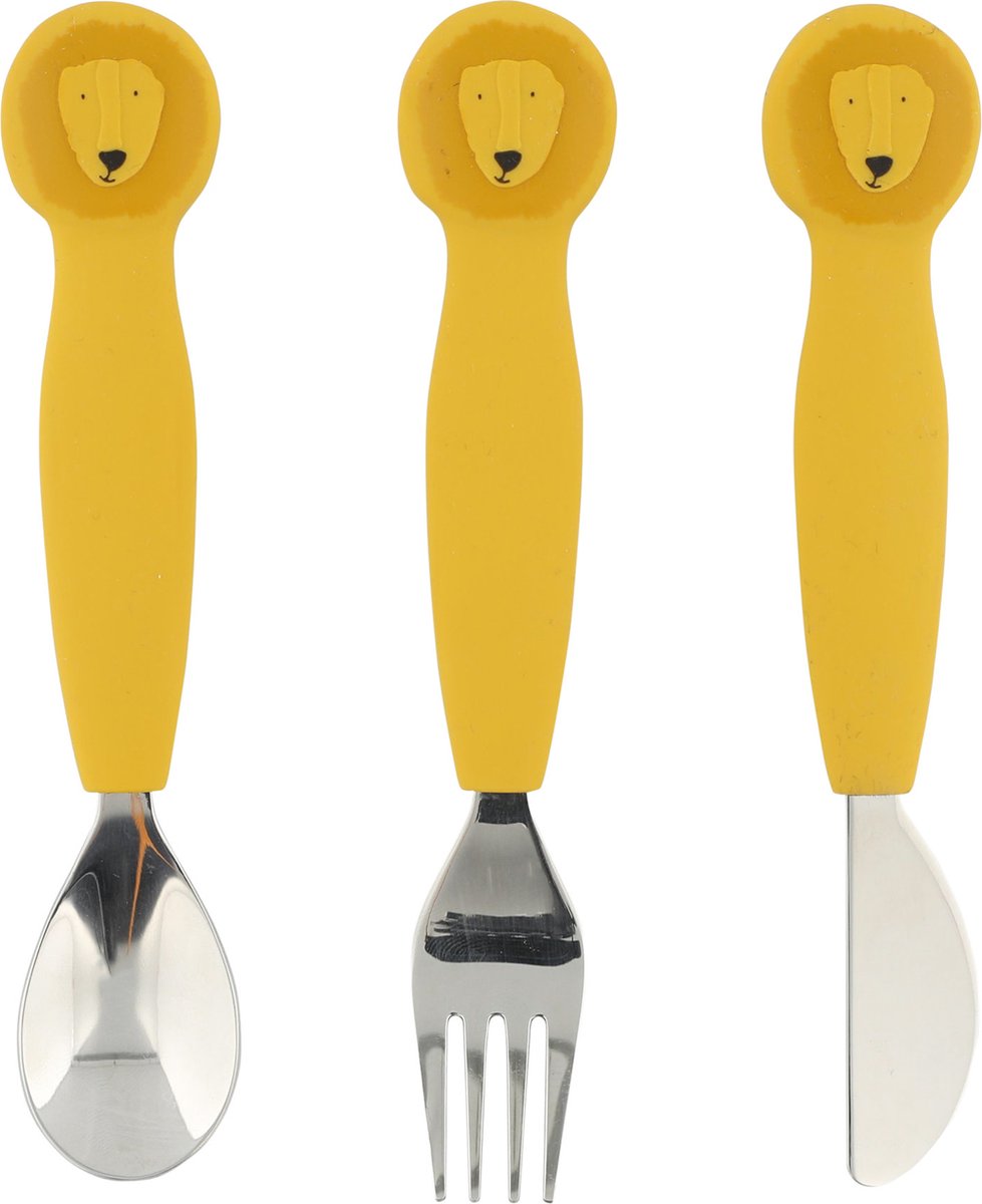 Couverts bébé Trixie - mr. lion - ensemble de repas avec cuillère, fourchette et couteau - couverts pour bébé en silicone - passent au lave-vaisselle