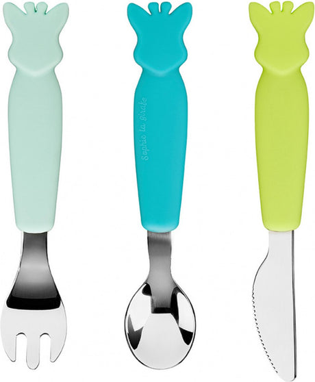 Ménagère bébé Sophie la girafe - couverts enfant - couteau, fourchette cuillère - passe au lave-vaisselle - manche en silicone - à partir de 6 mois - 3 pièces