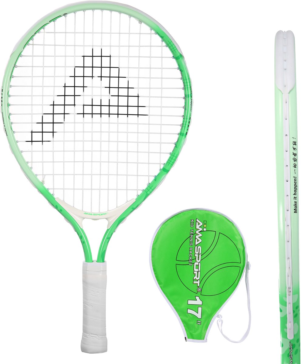 Raquette de tennis enfant Ama sport verte 17 pouces - raquette junior légère avec sac - idéale pour les débutants -