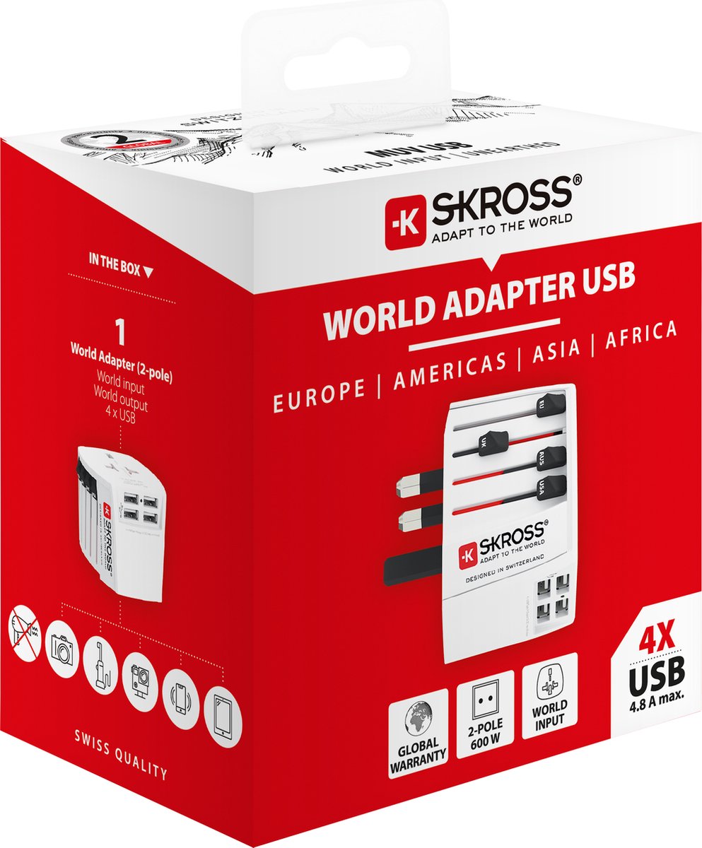 Skross - adaptateur de voyage mondial 2 pôles + 4 chargeurs USB + 1 type c 2400 ma blanc