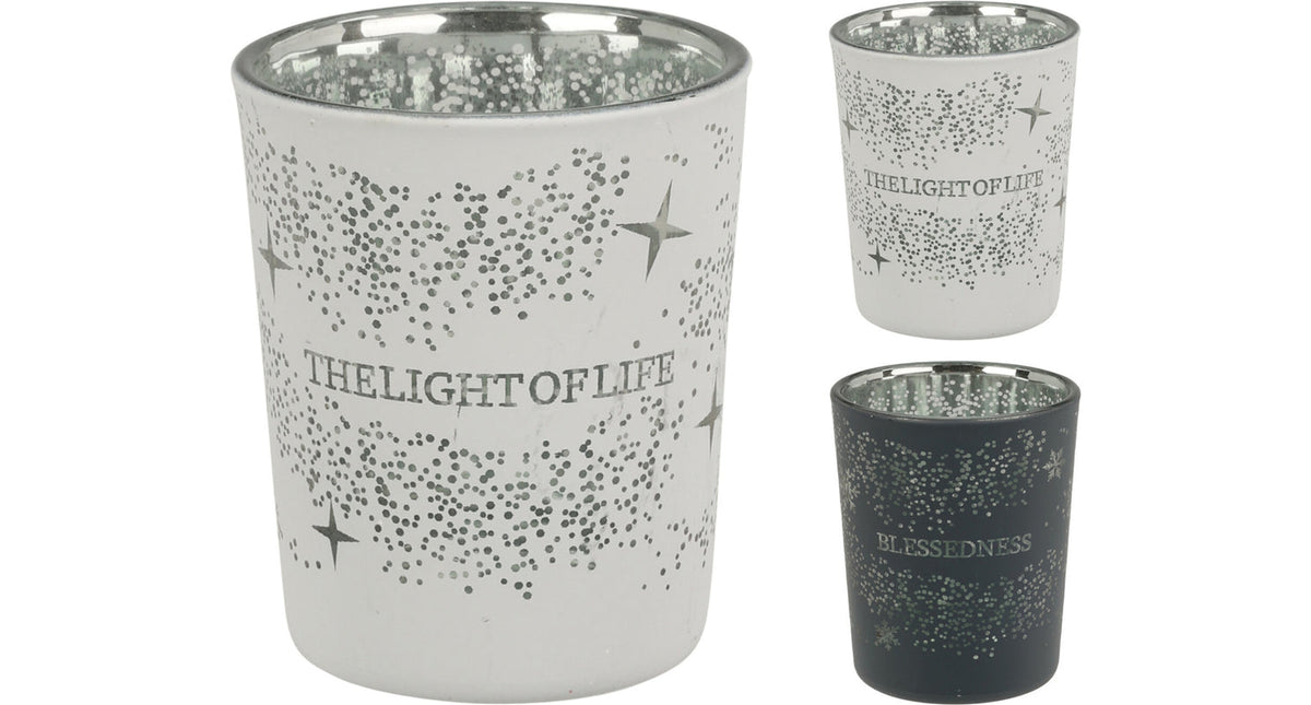 Theelichthouder d5,5 h6,5 cm 2 assortie tekst