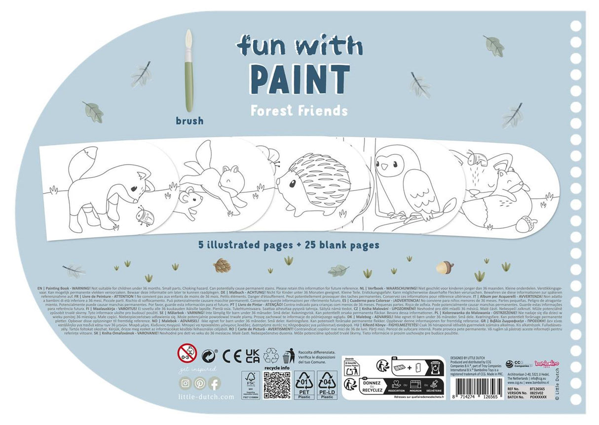 Petit livre de peinture hollandais Amis de la forêt - Livre de dessin et de peinture, incl. pinceau et 4 couleurs de peinture - bambin - livre de vacances - jouets 3 ans