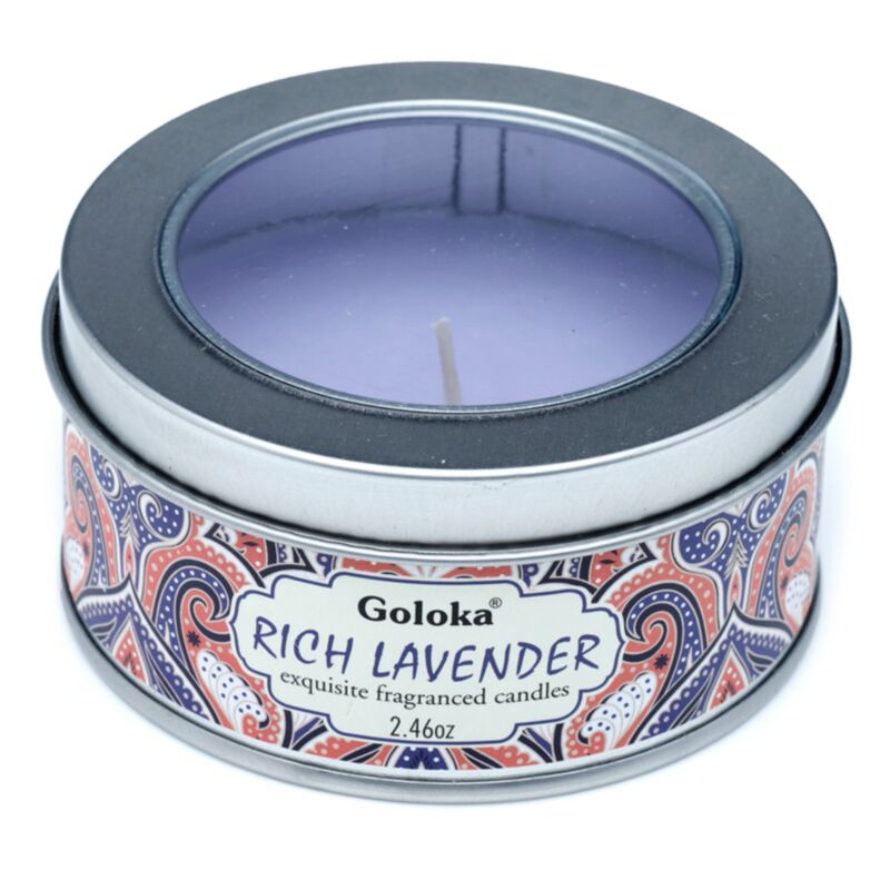Bougie parfumée à la cire de paraffine lavande Goloka dans une boîte métallique