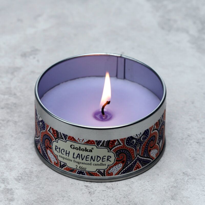 Bougie parfumée à la cire de paraffine lavande Goloka dans une boîte métallique