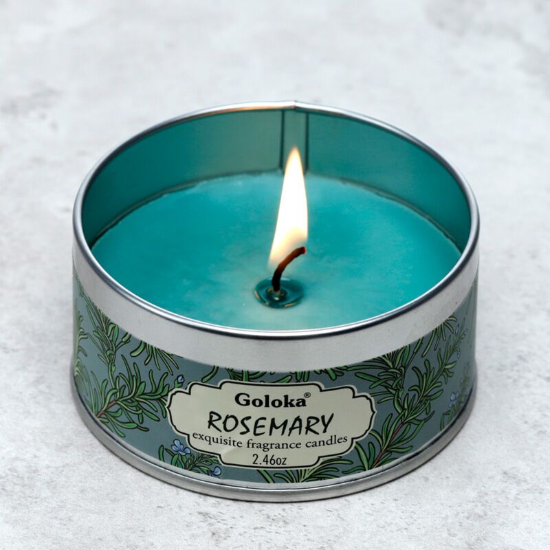 Bougie parfumée à la cire de paraffine et au romarin Goloka dans une boîte métallique