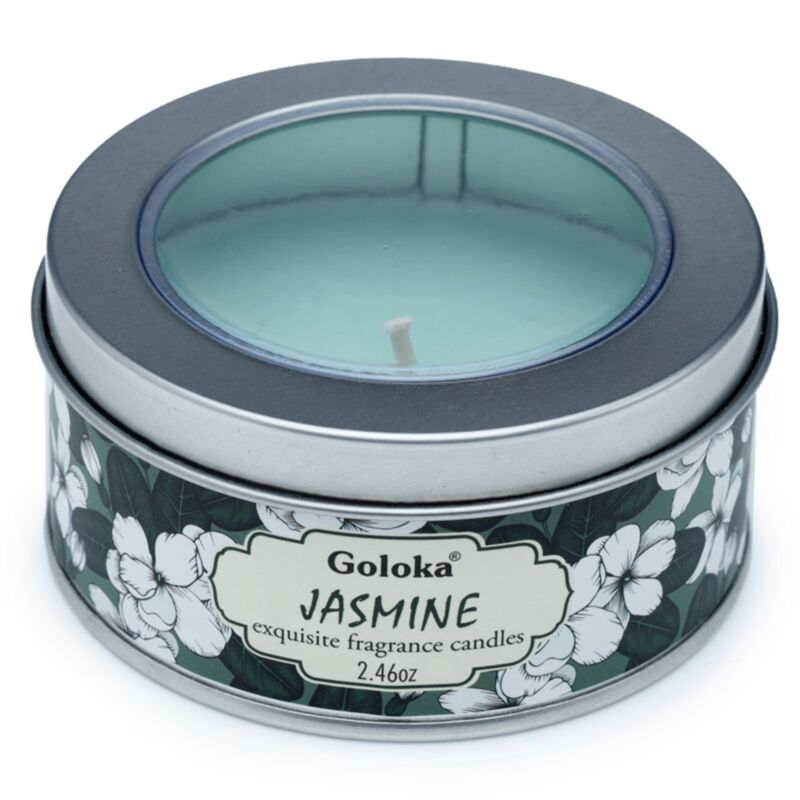 Bougie parfumée à la cire de paraffine de jasmin Goloka dans une boîte métallique