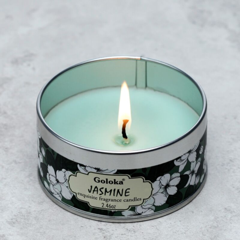Bougie parfumée à la cire de paraffine de jasmin Goloka dans une boîte métallique