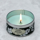 Bougie parfumée à la cire de paraffine de jasmin Goloka dans une boîte métallique