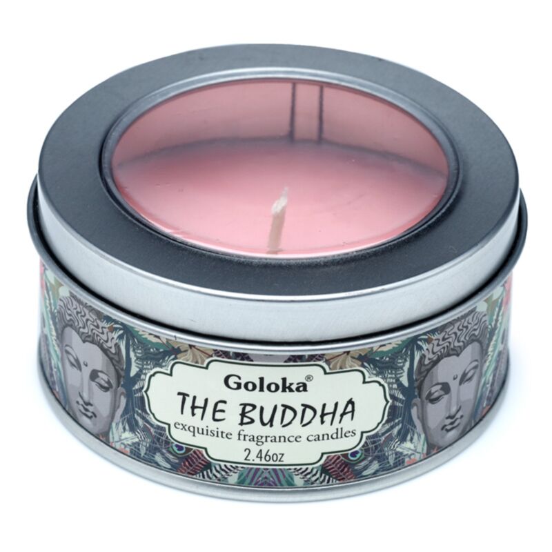 Bougie parfumée à la cire de paraffine Goloka Bouddha dans une boîte métallique