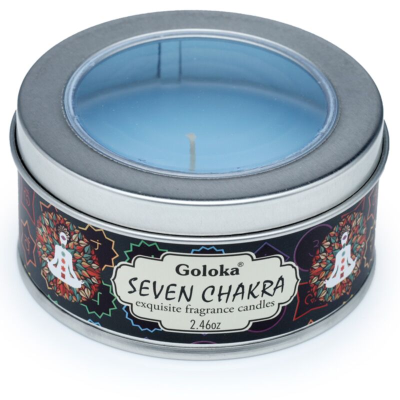 Bougie parfumée à la cire de paraffine Goloka sept chakras dans une boîte métallique