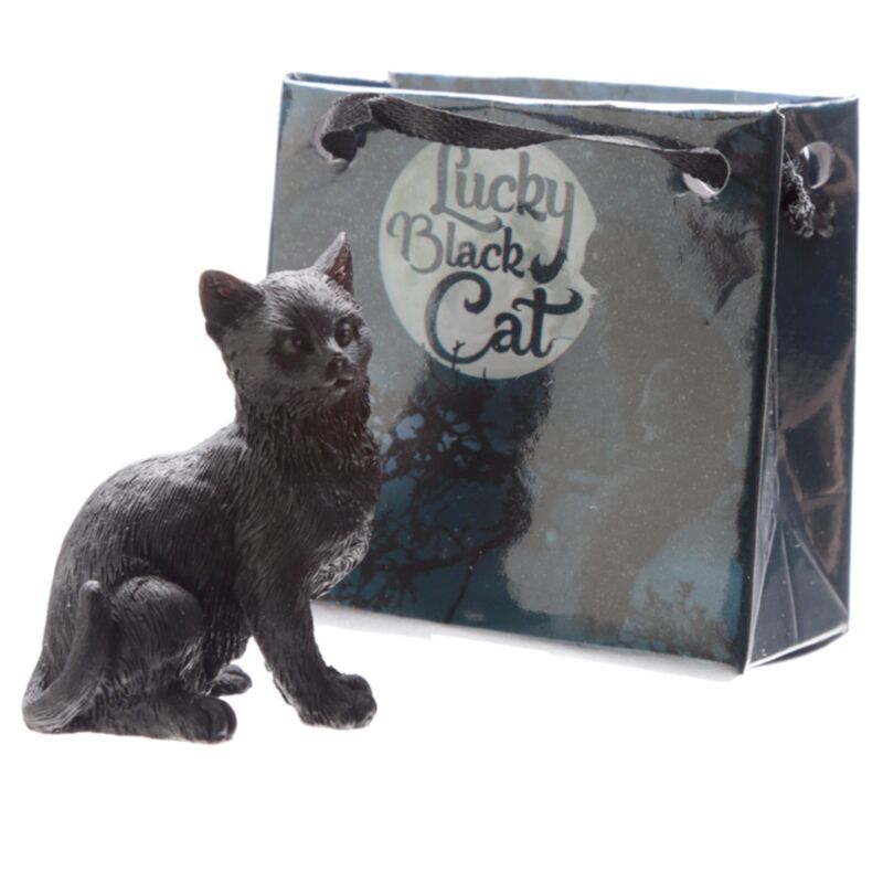 Chat porte-bonheur noir dans un mini sac cadeau