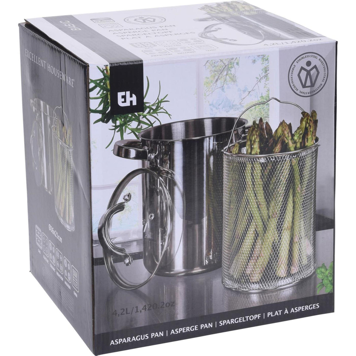 Excellente poêle à asperges + couvercle en verre 4,2l en acier inoxydable