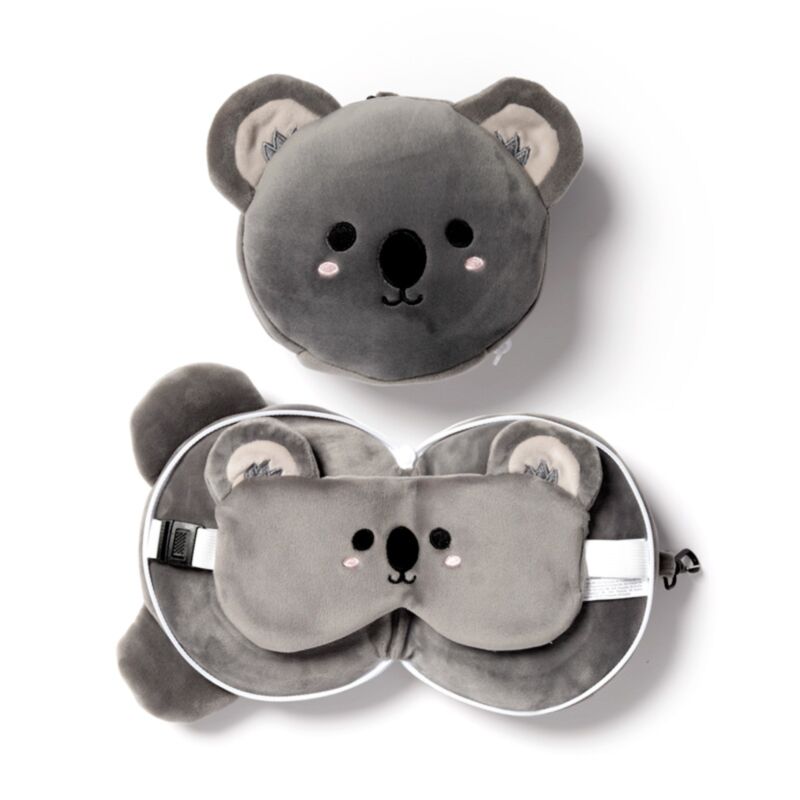 Oreiller de voyage rond en peluche adoramals koala, masque de sommeil