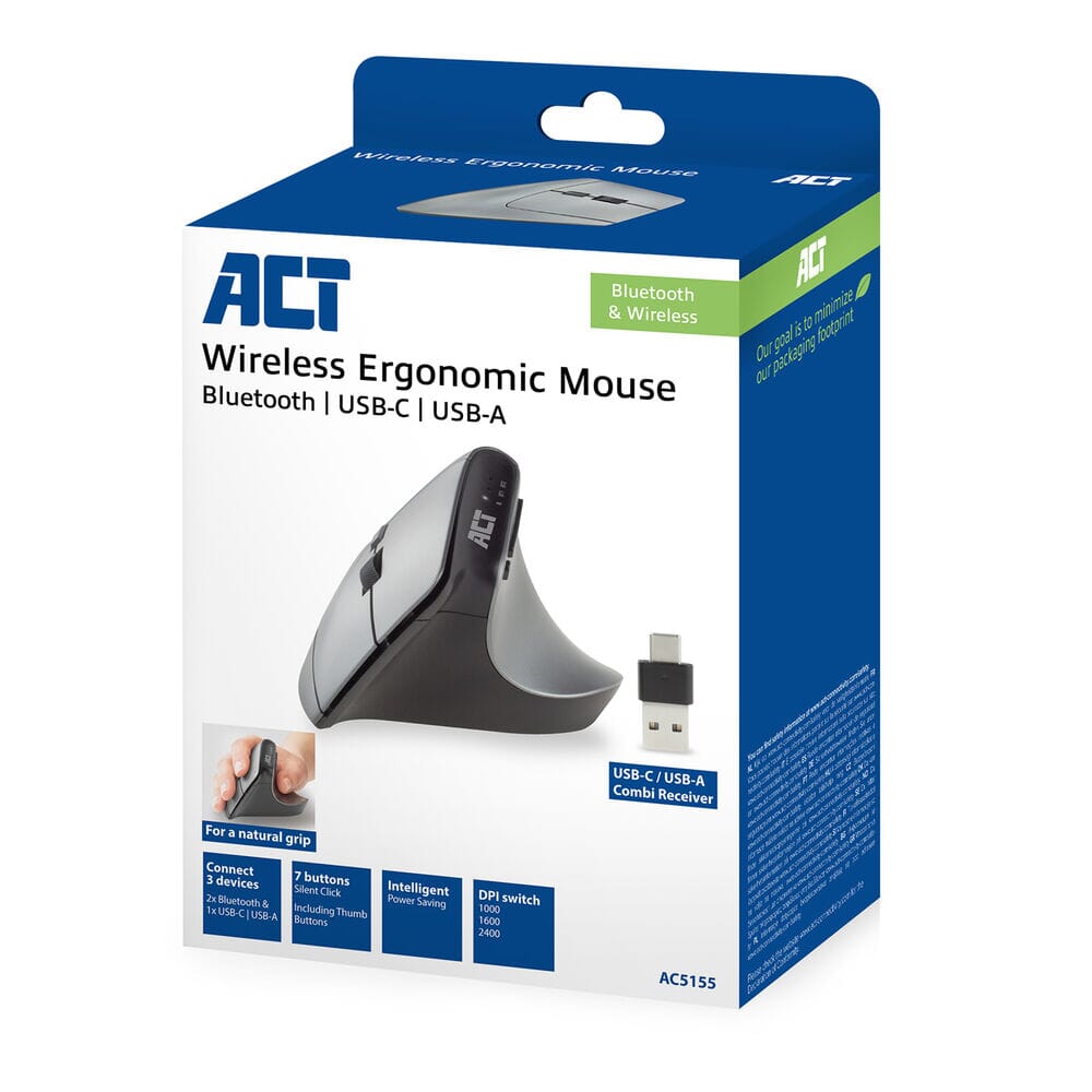 Souris ergonomique sans fil Act avec Bluetooth et USB-C USB-A