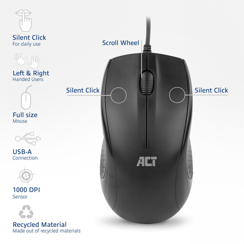 Souris optique filaire pleine grandeur Act 1000 dpi, clic silencieux