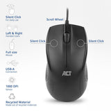 Souris optique filaire pleine grandeur Act 1000 dpi, clic silencieux