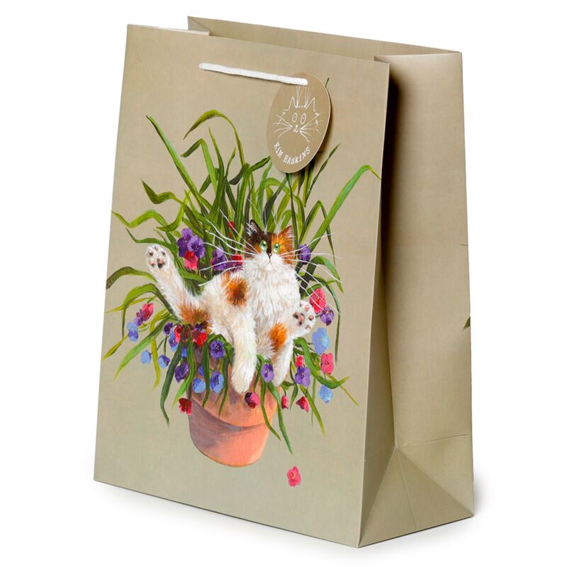 Kim Haskins chat dans un pot de fleurs vert - grand sac cadeau