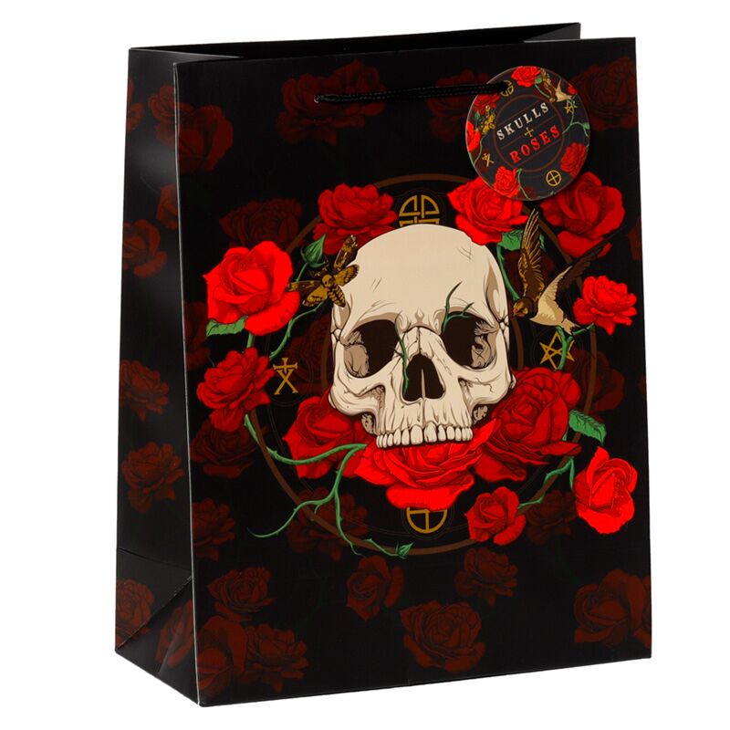 Crâne et roses roses rouges - grand sac cadeau