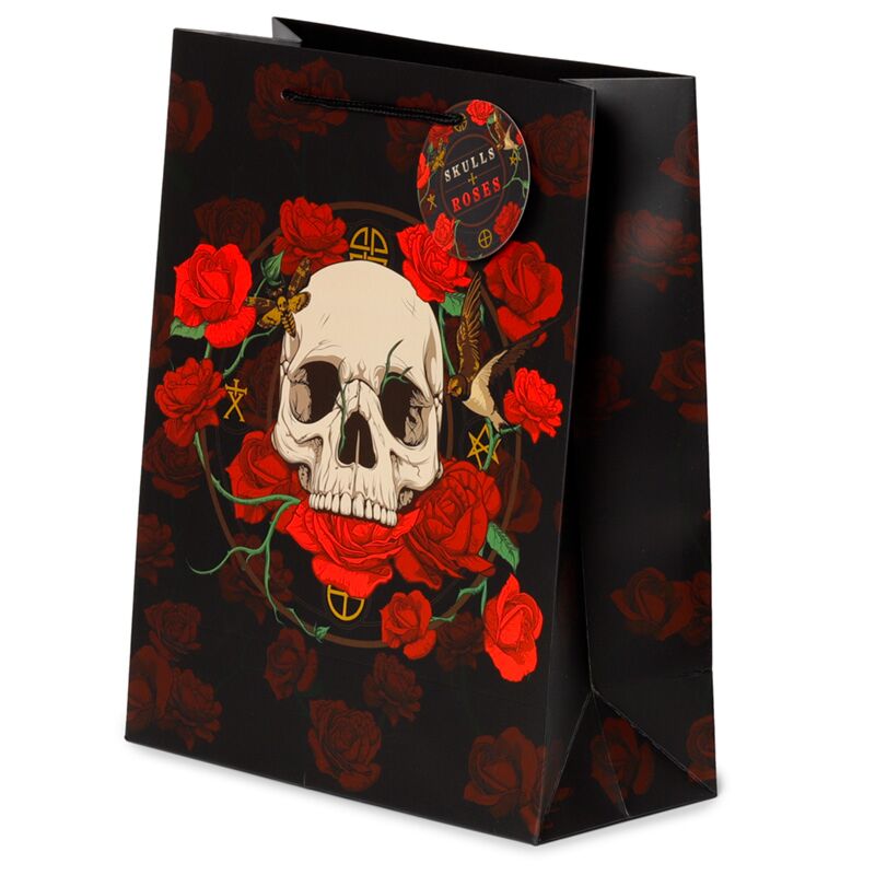 Crâne et roses roses rouges - grand sac cadeau