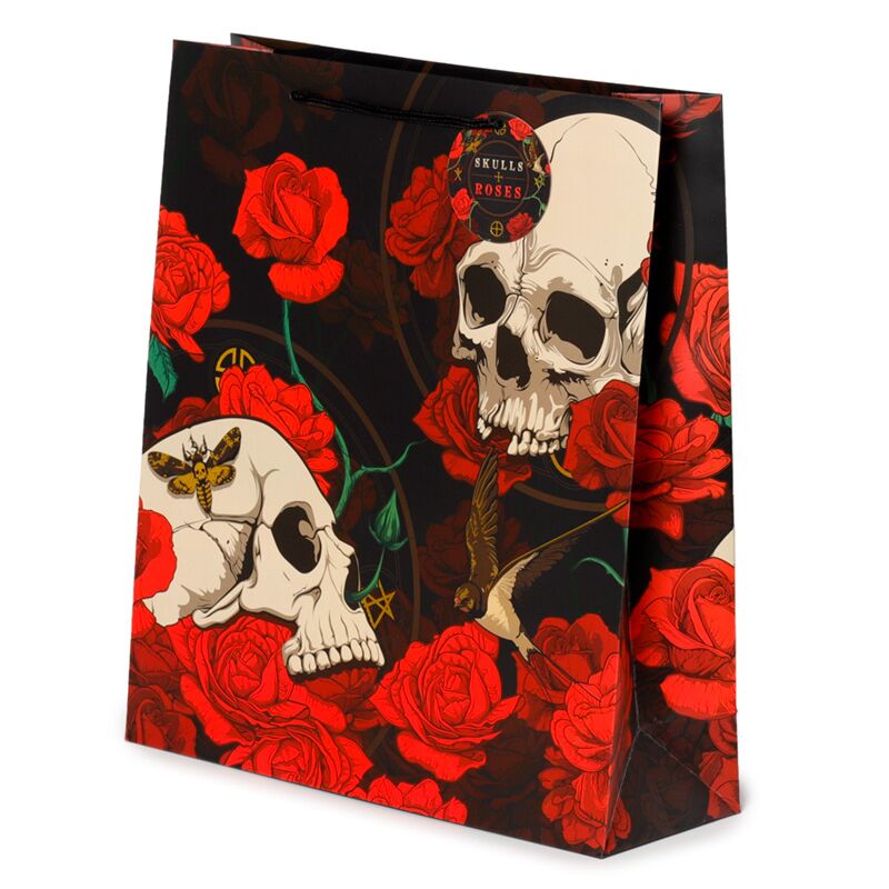 Crâne et roses roses rouges - sac cadeau xl