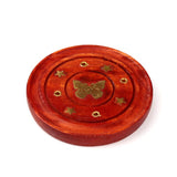 Porte encens rond en bois de manguier incrustation papillon