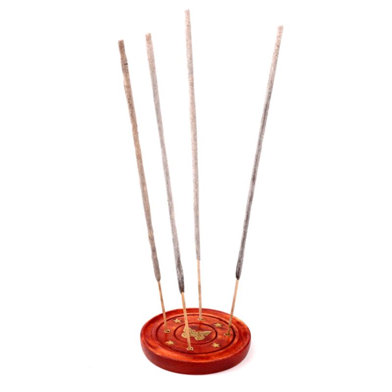 Porte encens rond en bois de manguier incrustation papillon