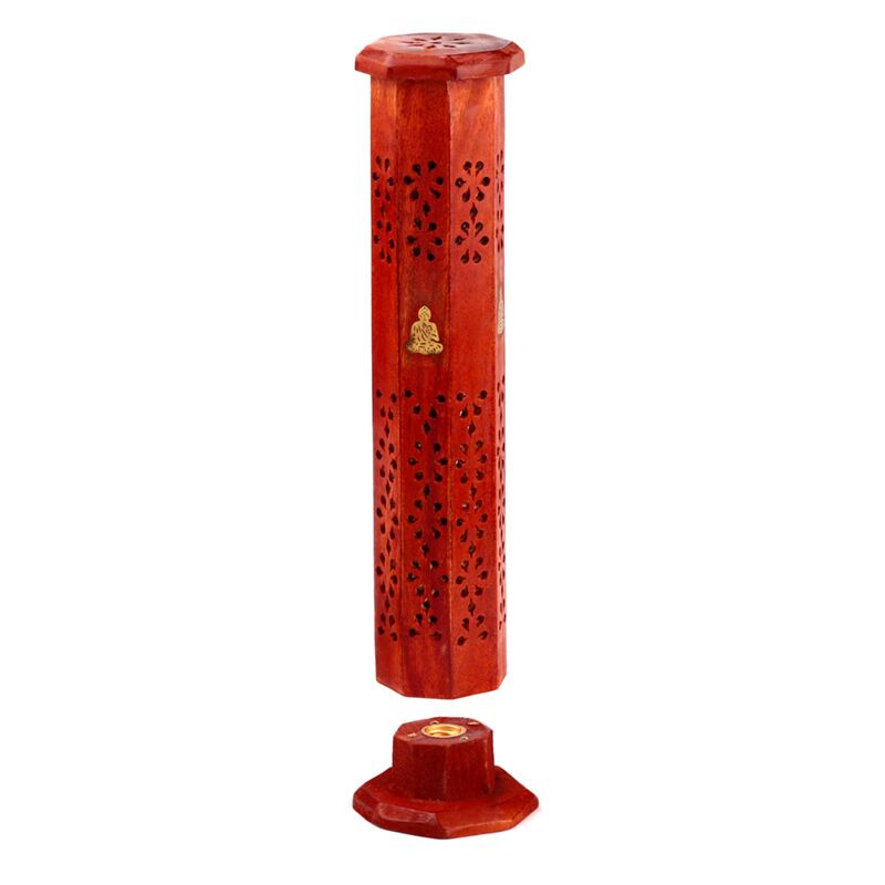 Tour porte encens en bois de manguier incrustation Bouddha