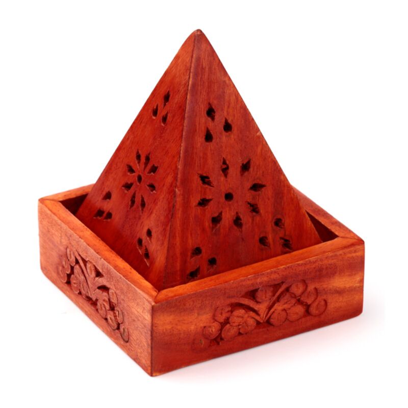 Porte encens pyramide en bois de manguier cônes moulures fleurs