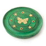 Porte encens rond papillon en bois de manguier vert