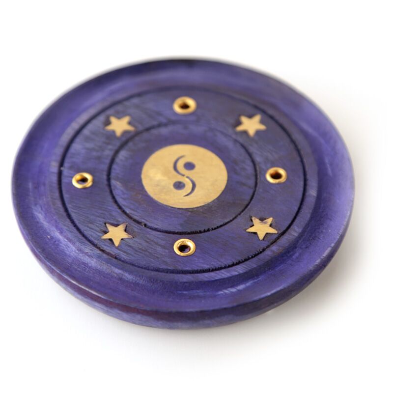 Porte encens rond violet yin yang en bois de manguier