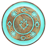 Porte-encens rond en bois de manguier feuille verte
