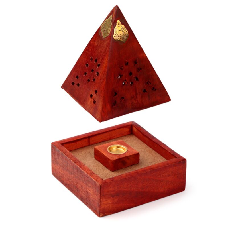 Porte encens pyramide en bois de manguier cônes moulures bouddha