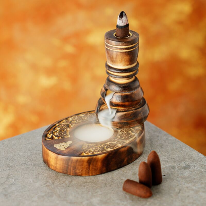 Porte-encens à reflux en bois de manguier de jardin fleuri