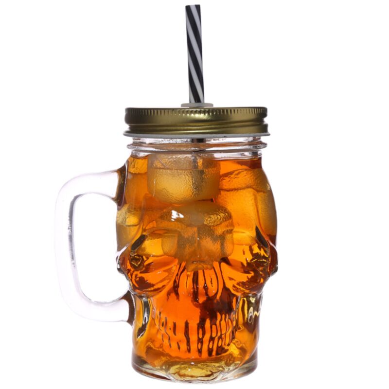 Gobelet en verre pour pot Mason en forme de crâne avec paille et couvercle