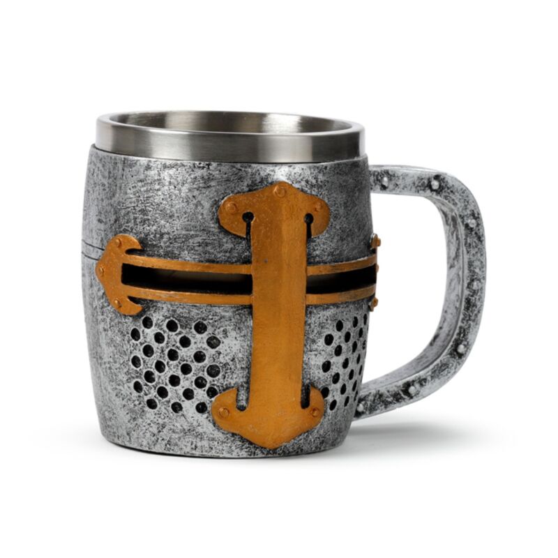 Chope à bière décorative avec casque de chevalier médiéval, couleur argent et or