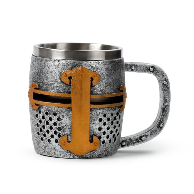 Chope à bière décorative avec casque de chevalier médiéval, couleur argent et or