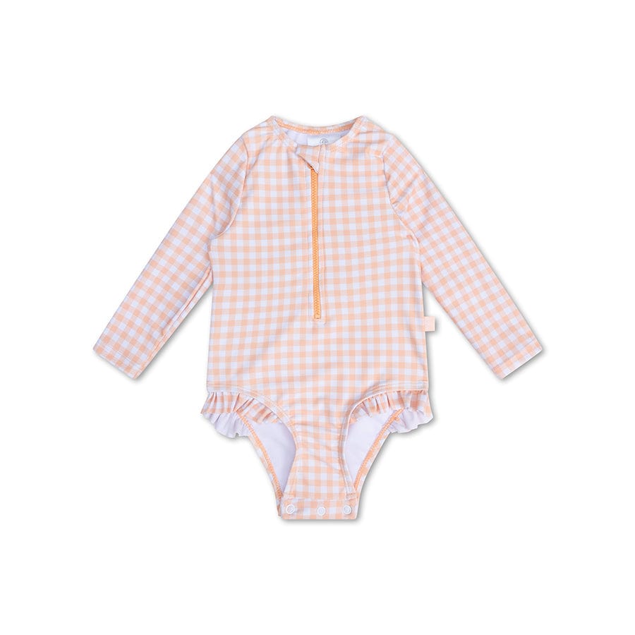 Grille du coucher du soleil | Maillot de bain anti-UV fille orange blanc à manches longues