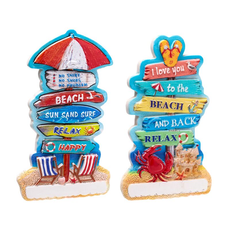 Aimant souvenir de plage avec panneaux de plage avec vue sur la mer 3D