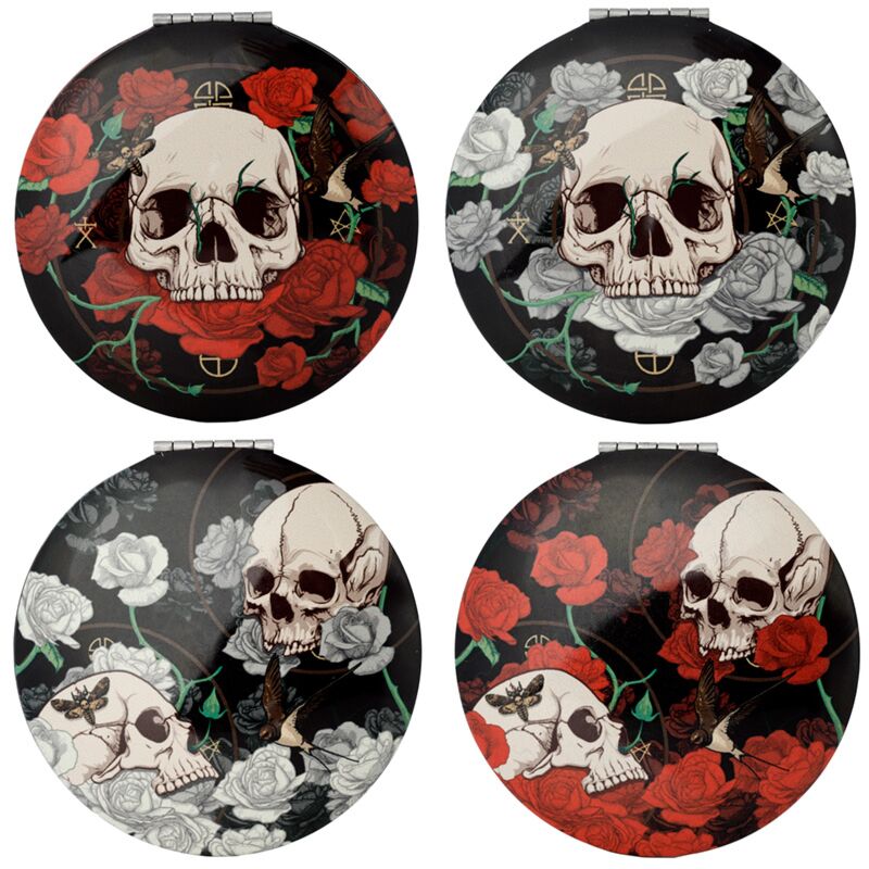 Miroir de maquillage compact tête de mort et roses