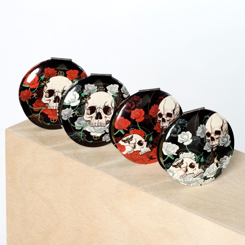 Miroir de maquillage compact tête de mort et roses